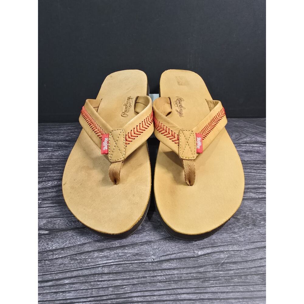 MLB Rawlings Men's Baseball Stitch Nubuck Leather Sandals Flip Flops Sand Tan